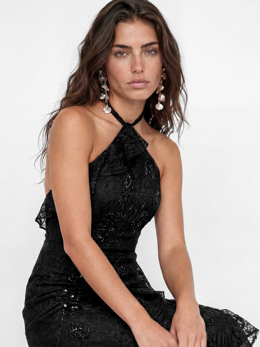 Maya Black Embellished Halter Neck Lace Maxi Dress