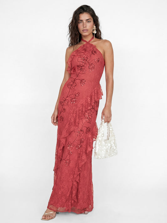Maya Red Embellished Halter Neck Lace Maxi Dress