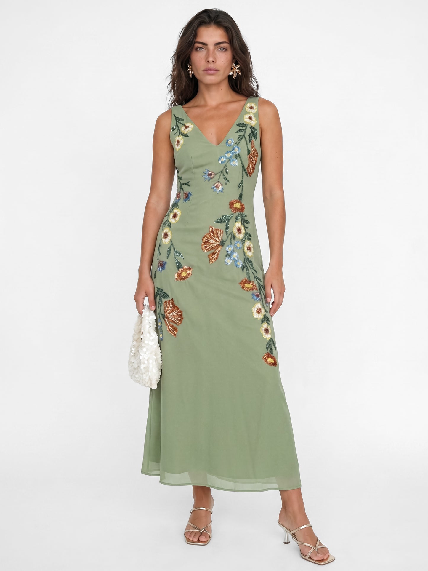Maya Olive Sage Flower Embellished Tie Back Midaxi Slip Dress