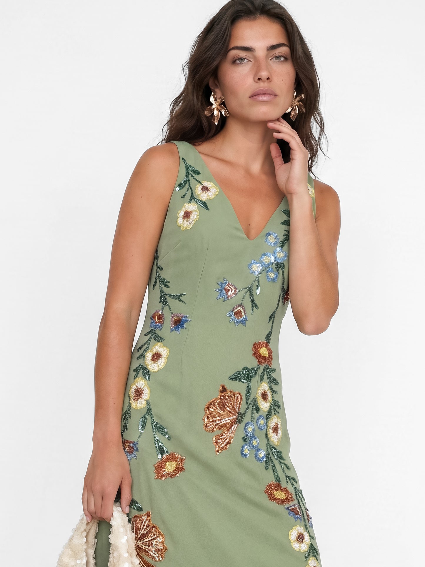 Maya Olive Sage Flower Embellished Tie Back Midaxi Slip Dress