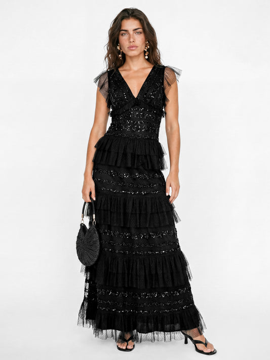 Maya Black Spot Mesh Embellished Flutter Sleeve Tiered Maxi Dress