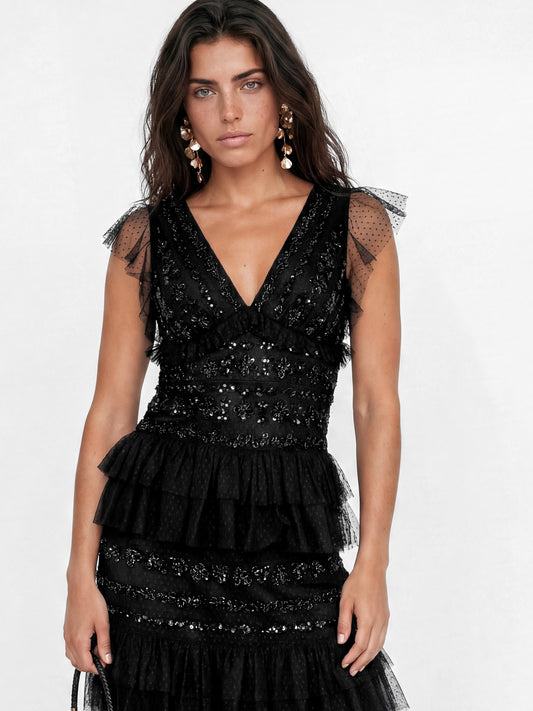 Maya Black Spot Mesh Embellished Flutter Sleeve Tiered Maxi Dress