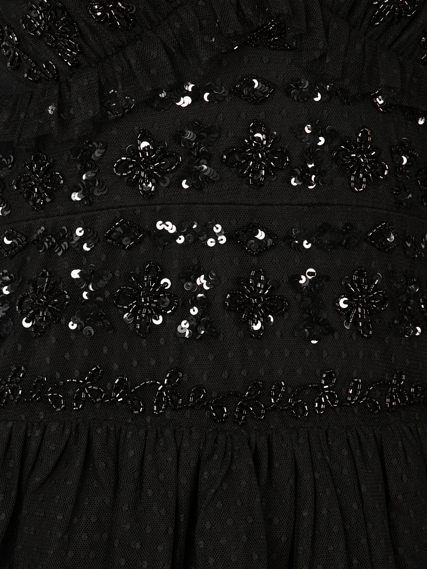 Maya Black Spot Mesh Embellished Flutter Sleeve Tiered Maxi Dress