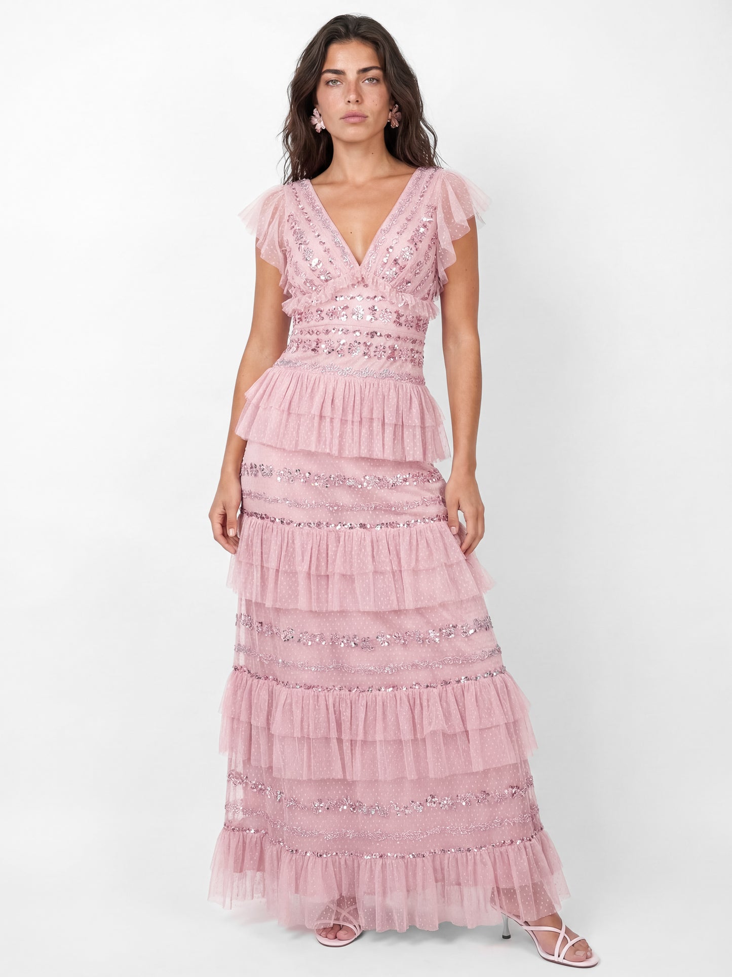 Maya Soft Pink Spot Mesh Embellished Flutter Sleeve Tiered Maxi Dress