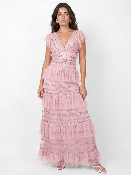 Maya Soft Pink Spot Mesh Embellished Flutter Sleeve Tiered Maxi Dress