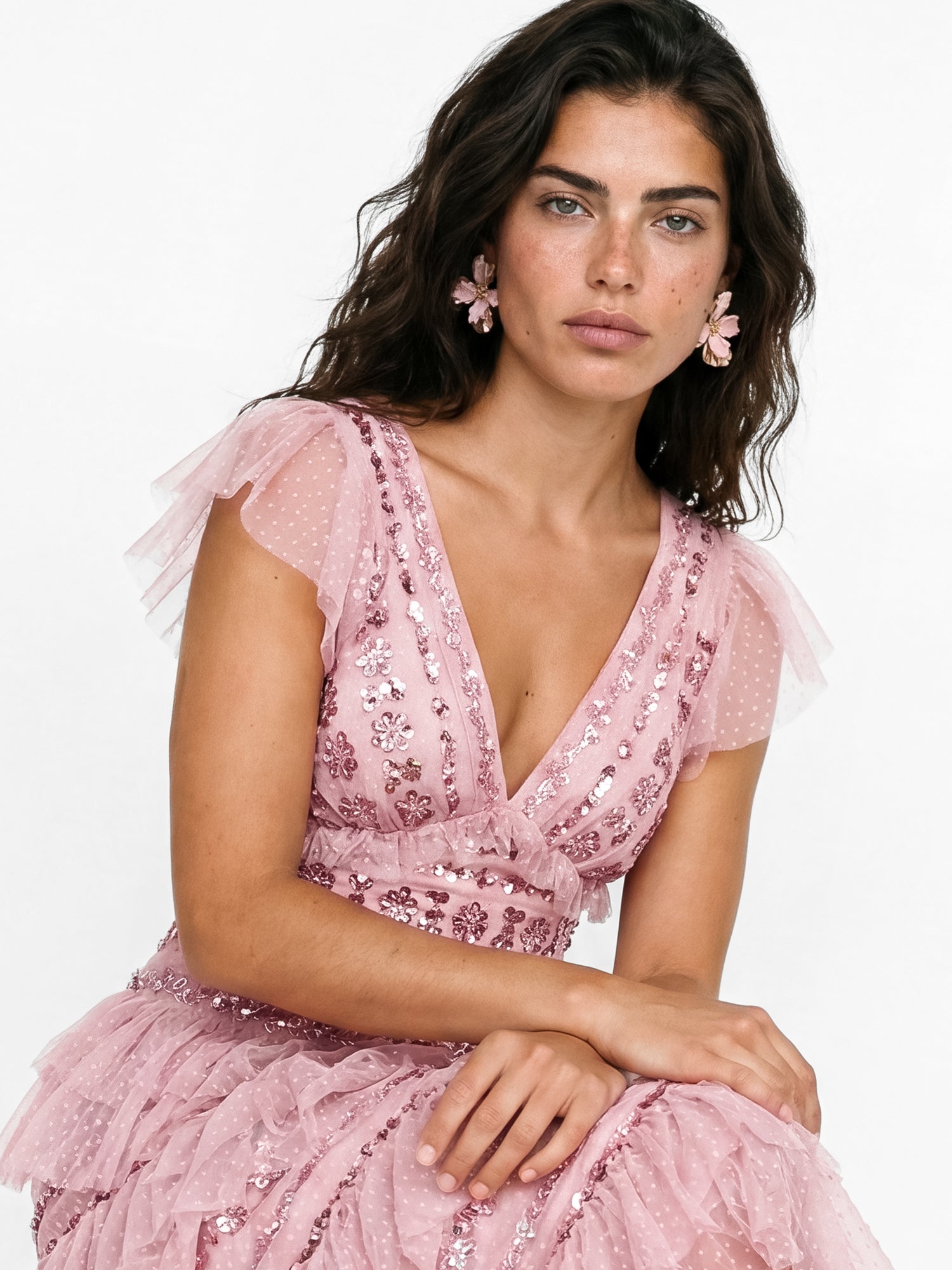 mesh embellished dress Maya Soft Pink Spot Mesh Embellished Flutter Sleeve Tiered Maxi Dress –  Maya Deluxe