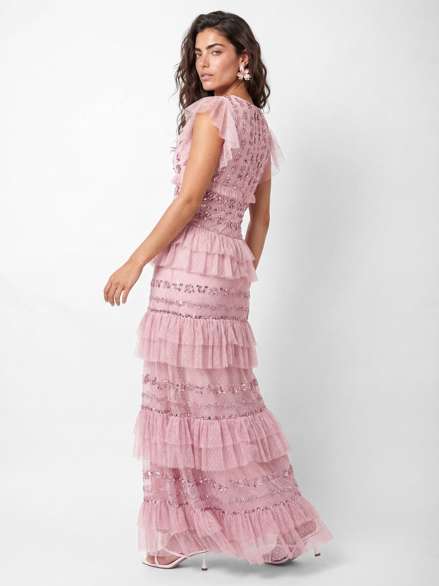 mesh embellish dress Maya Soft Pink Spot Mesh Embellished Flutter Sleeve Tiered Maxi Dress –  Maya Deluxe