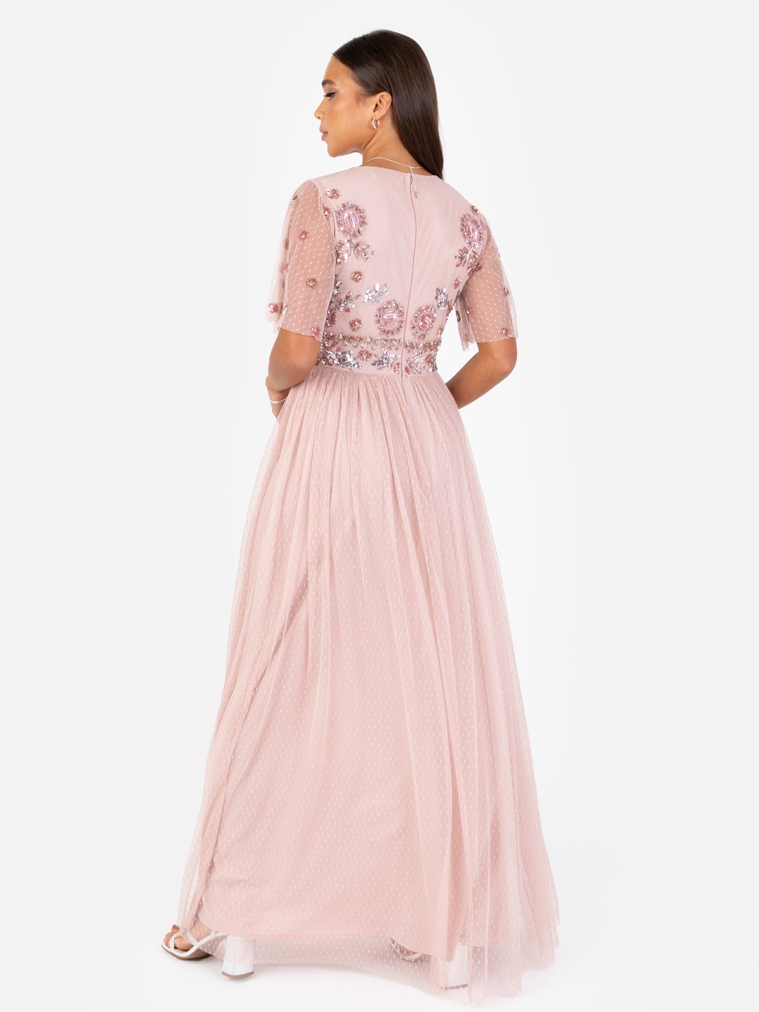 Maya Blush Floral Embellished Spot Mesh Maxi Dress  Maya Deluxe
