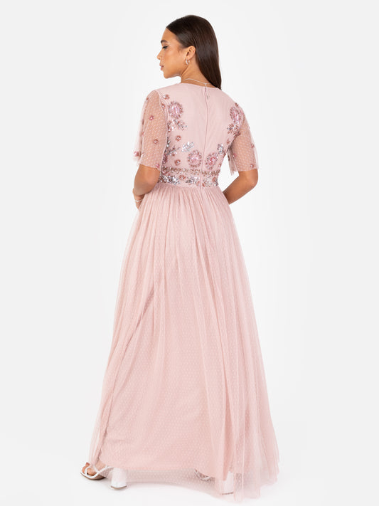 Maya Blush Floral Embellished Spot Mesh Maxi Dress