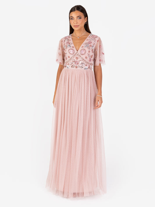 Maya Blush Floral Embellished Spot Mesh Maxi Dress
