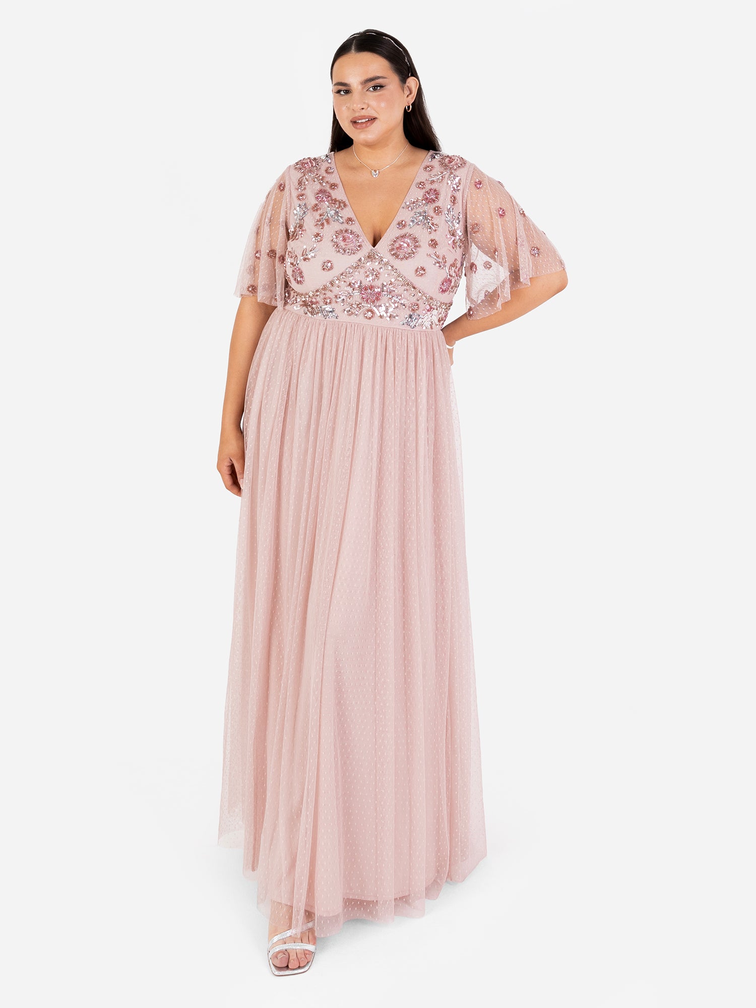 blush pink mesh floral bardot maternity maxi dress Maya Blush Floral Embellished Spot Mesh Maxi Dress – Maya Deluxe
