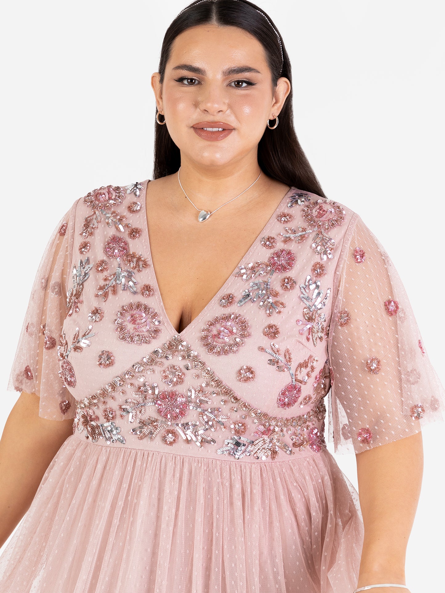Maya Blush Floral Embellished Spot Mesh Maxi Dress