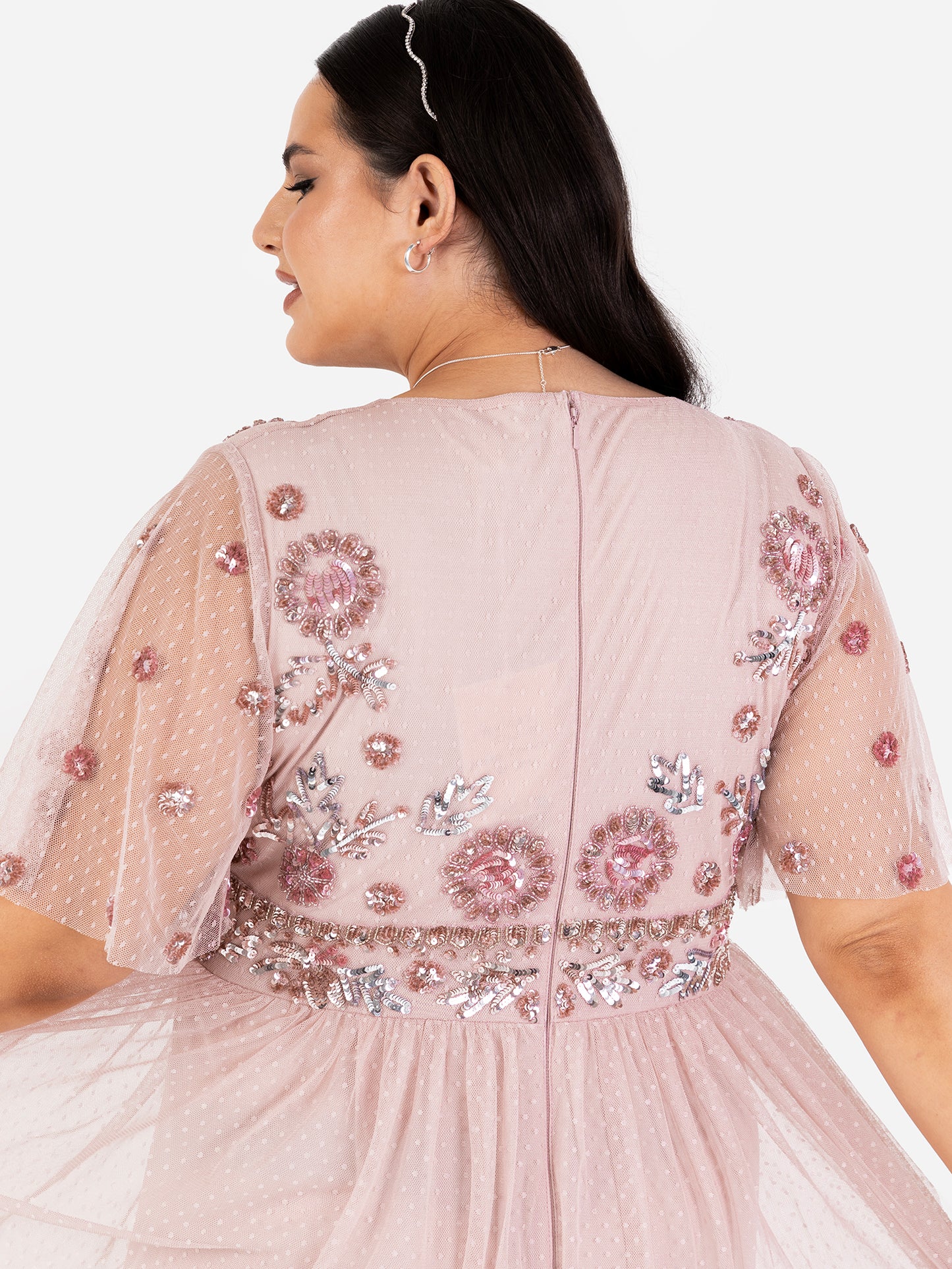 Maya Blush Floral Embellished Spot Mesh Maxi Dress