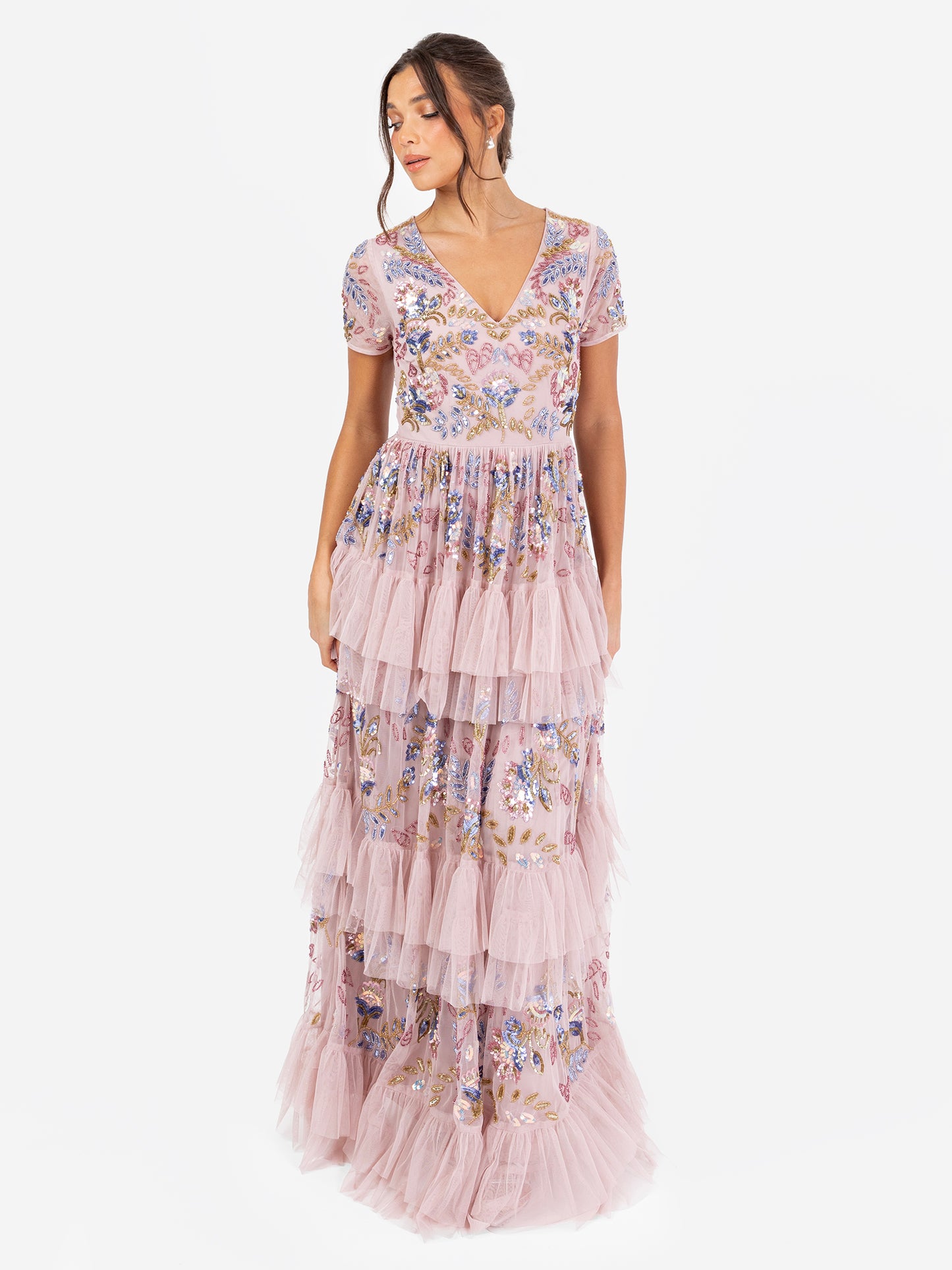Maya Pink Embellished V Neck Tiered Maxi Dress