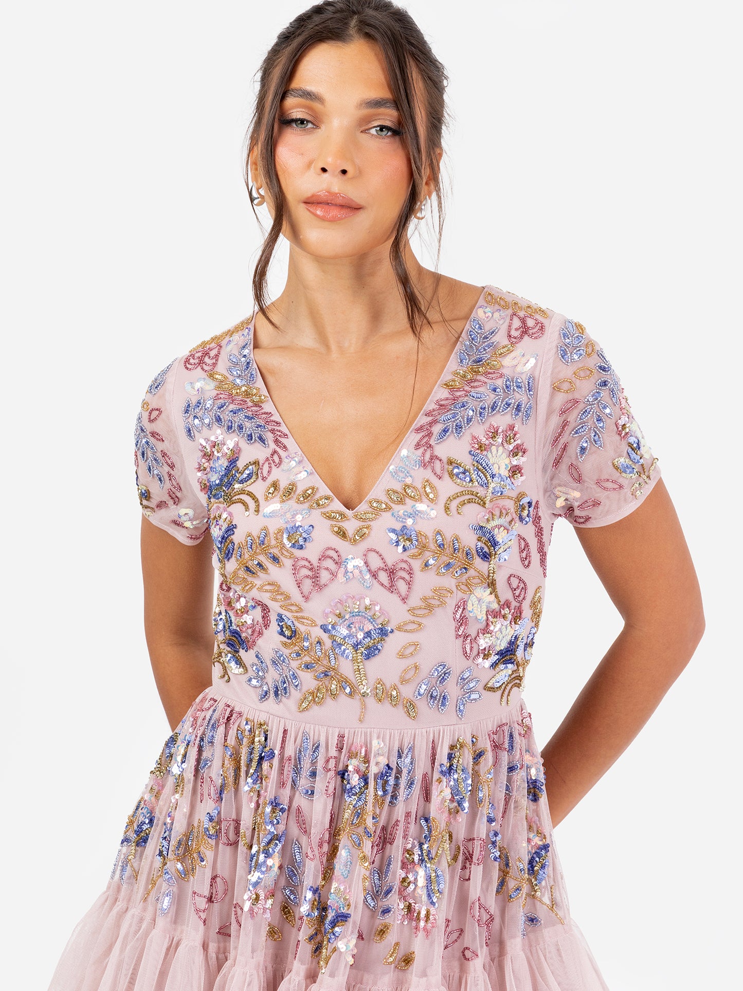 Maya Pink Embellished V Neck Tiered Maxi Dress