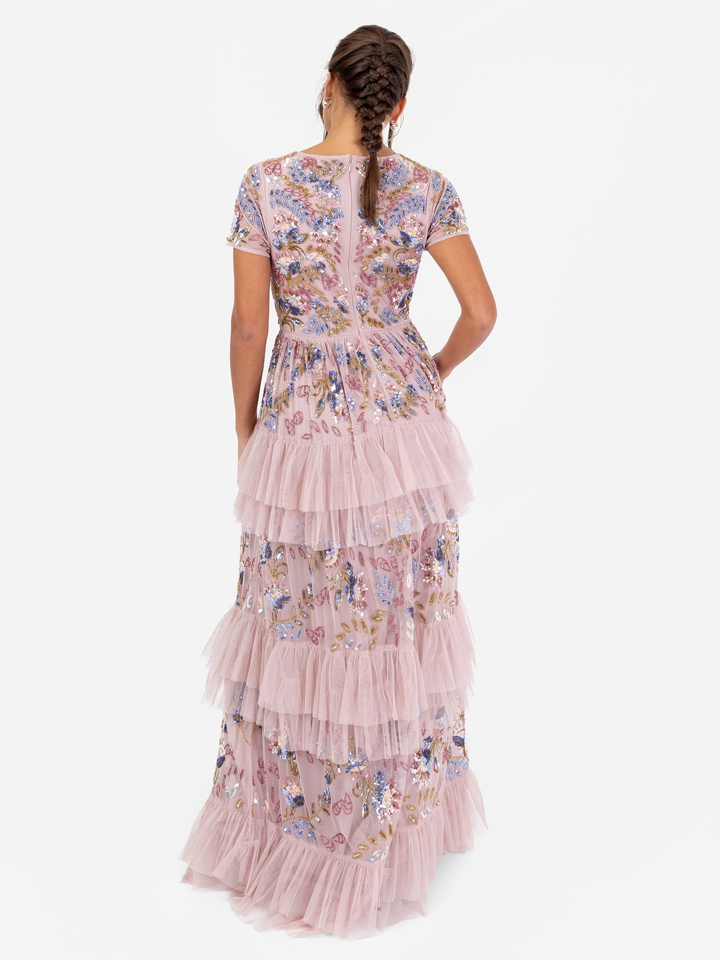 Maya Pink Embellished V Neck Tiered Maxi Dress