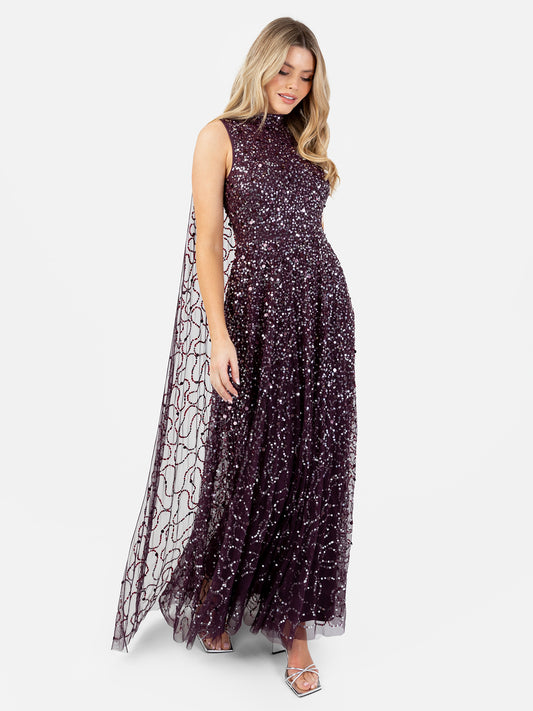 Maya Berry Fully Embellished High Neck Sleeveless Maxi Dress with Cape