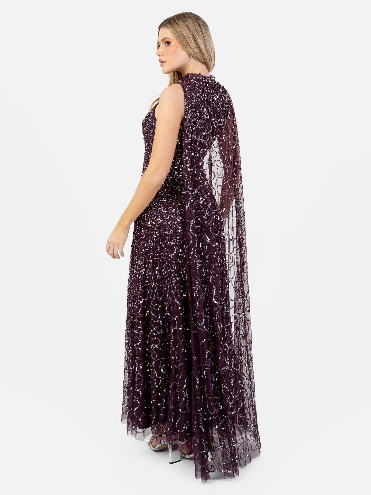 Maya Berry Fully Embellished High Neck Sleeveless Maxi Dress with Cape