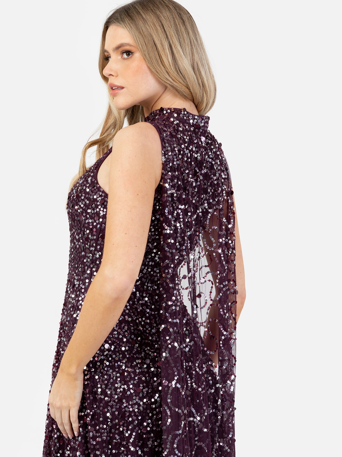 Maya Berry Fully Embellished High Neck Sleeveless Maxi Dress with Cape