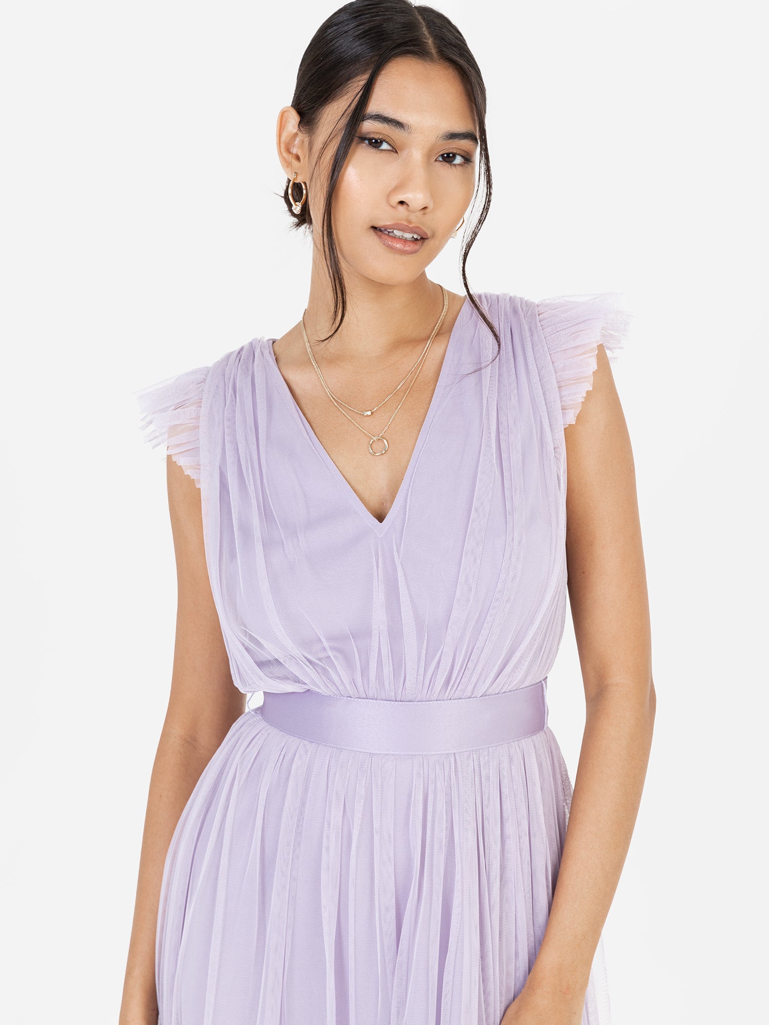 sheer panelled draped midaxi dress in dusty lilac S Lavender Sheer Organza Maxi Dress