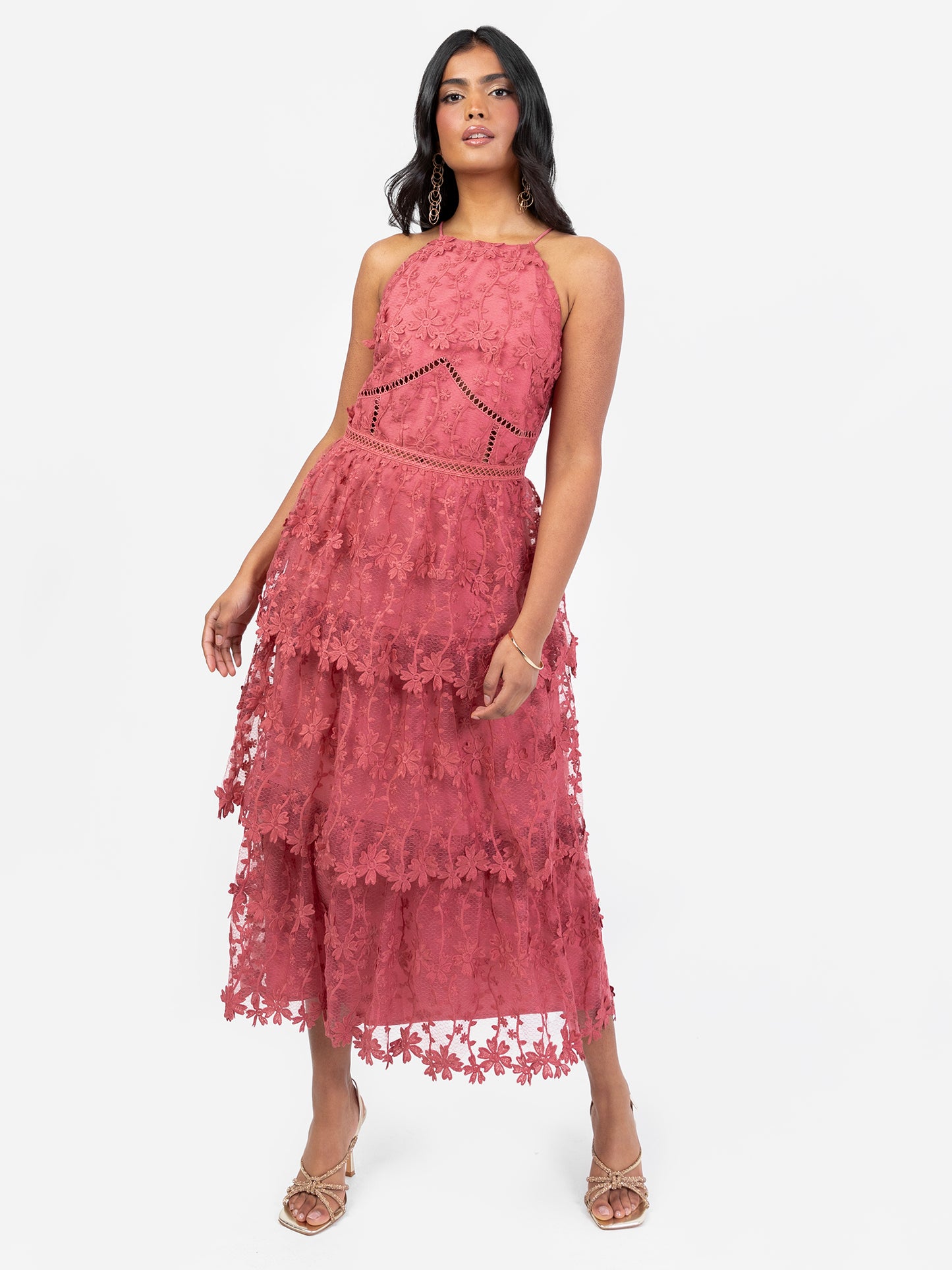 Maya Pink Halter Neck 3D Floral Tiered Midi Dress