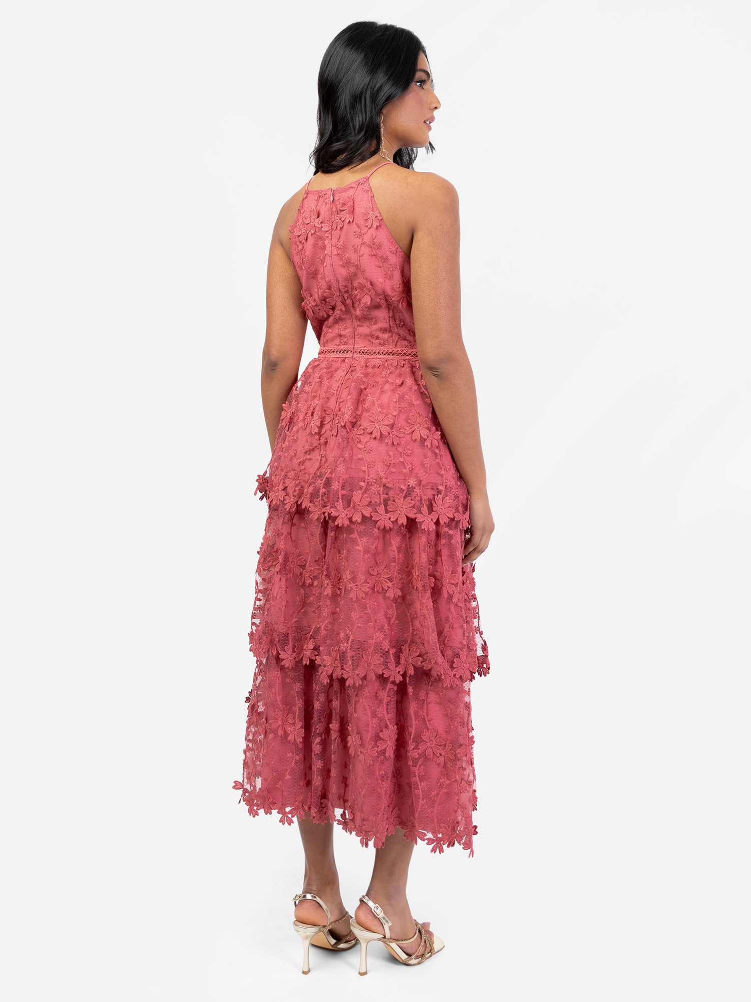 Maya Pink Halter Neck 3D Floral Tiered Midi Dress – Maya Deluxe