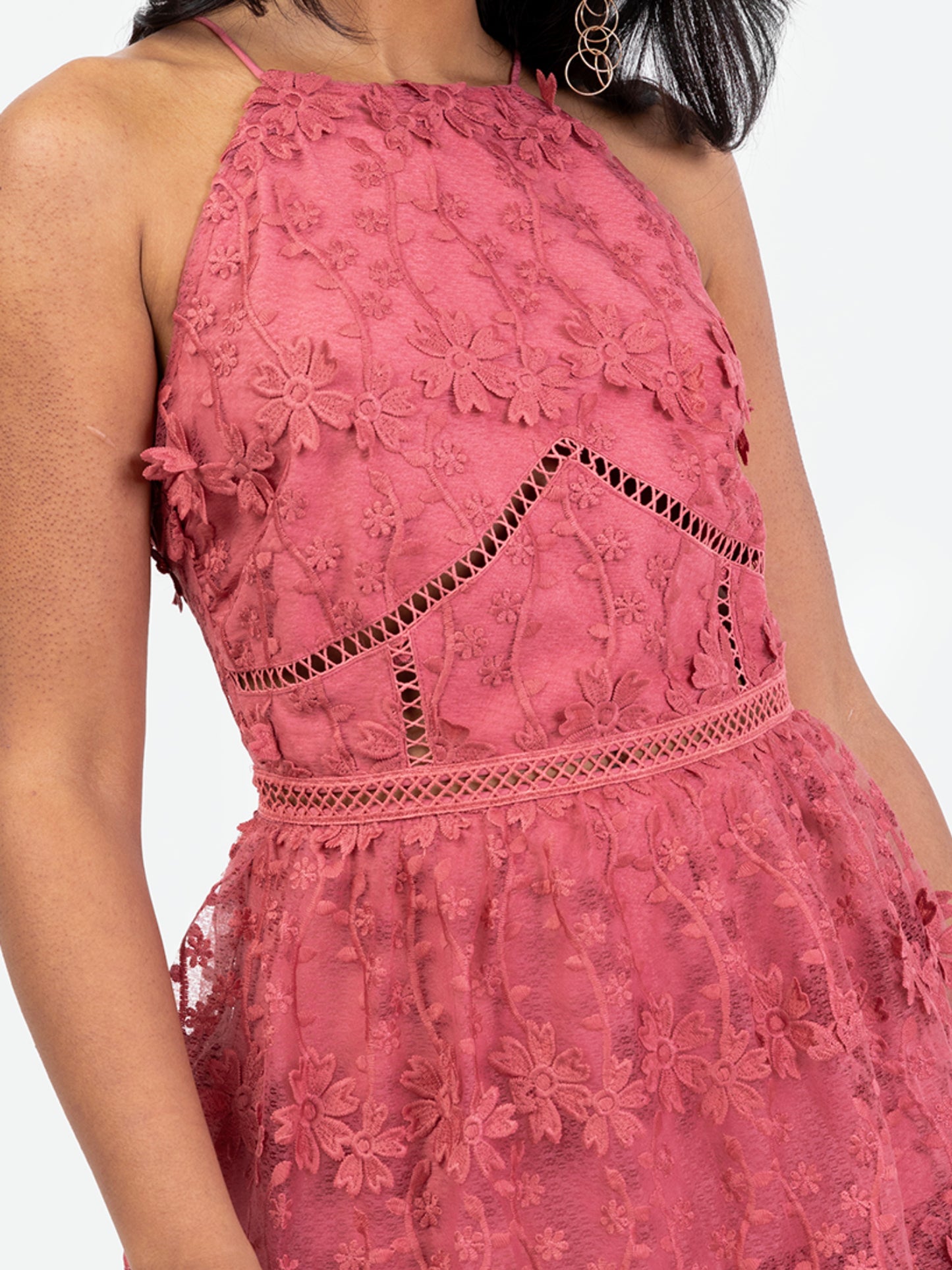 Maya Pink Halter Neck 3D Floral Tiered Midi Dress