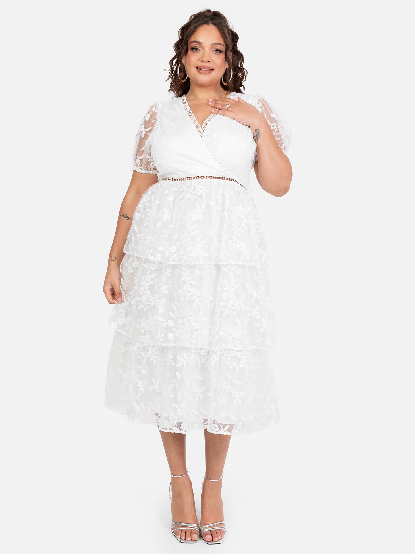 Maya White Floral Embroidered Tiered Organza Midi Dress