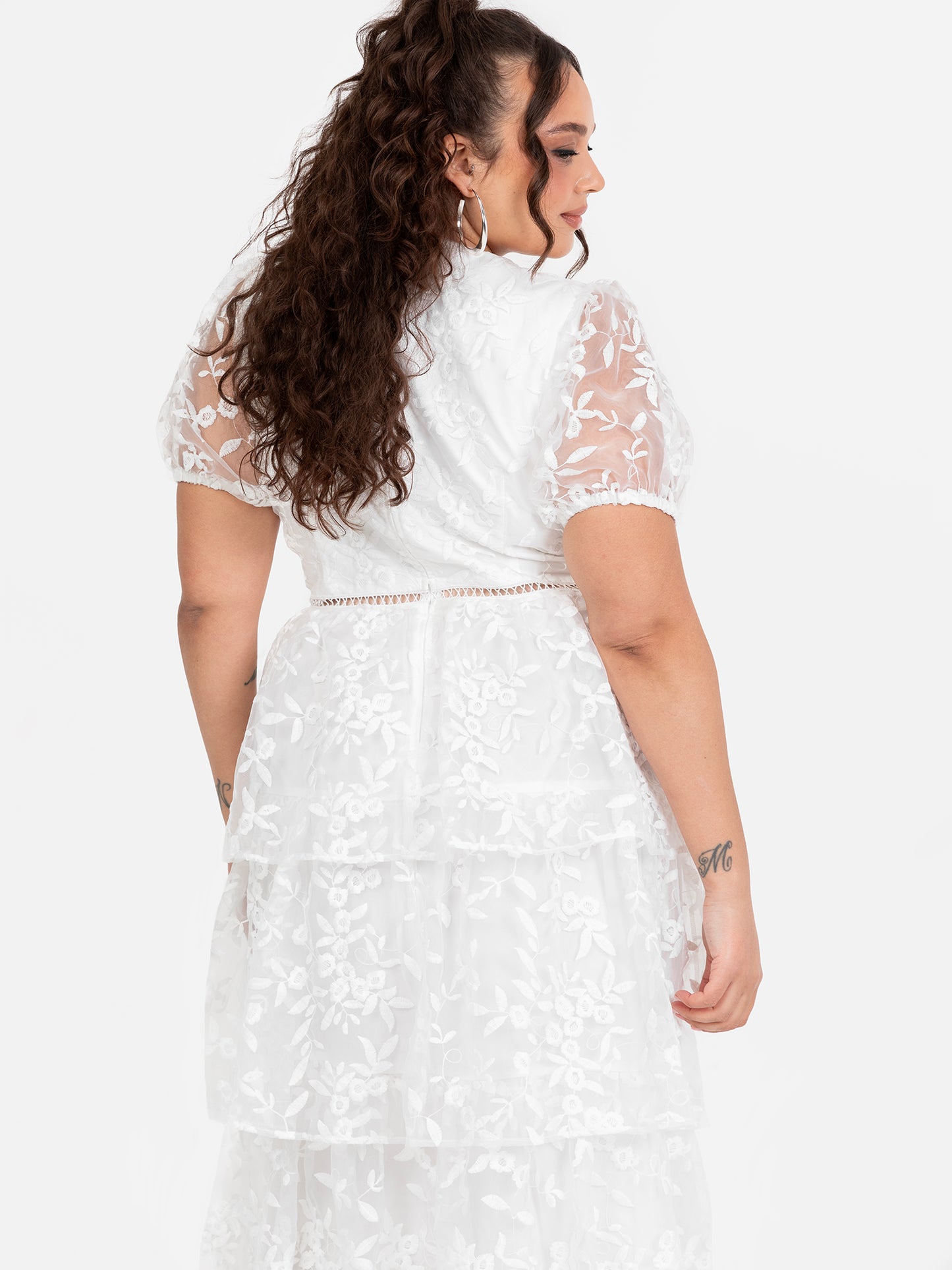 Maya White Floral Embroidered Tiered Organza Midi Dress