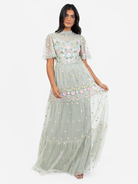 Maya Floral Embroidered High Neck & Short Sleeve Maxi Dress