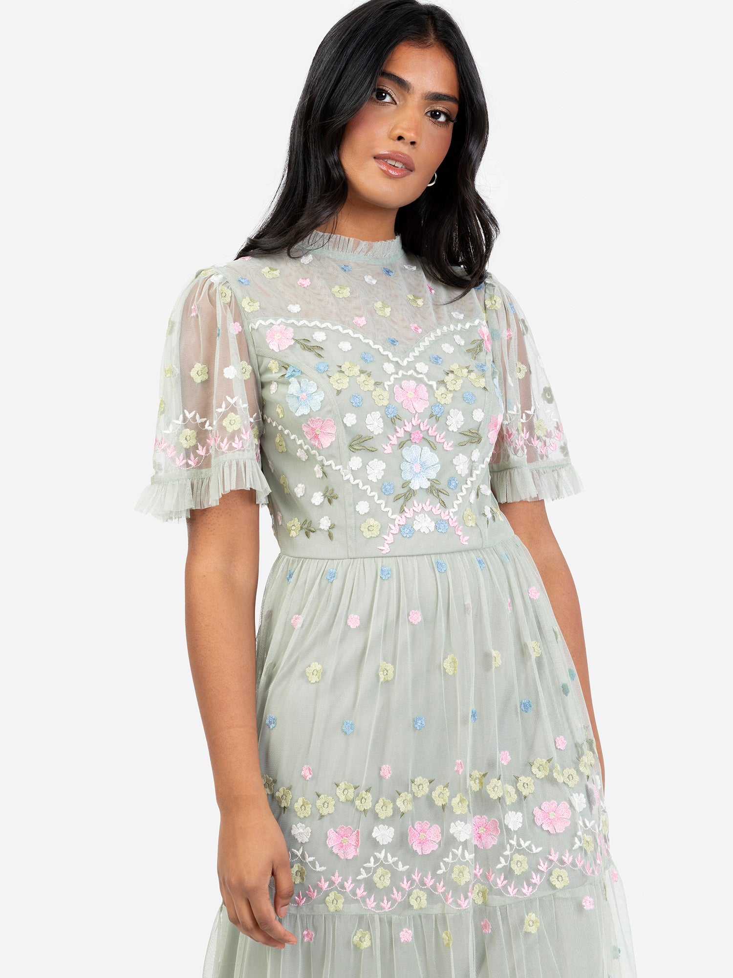 Maya Floral Embroidered High Neck & Short Sleeve Maxi Dress Maya Deluxe Maya Floral Embroidered High Neck & Short Sleeve Maxi Dress Maya Deluxe