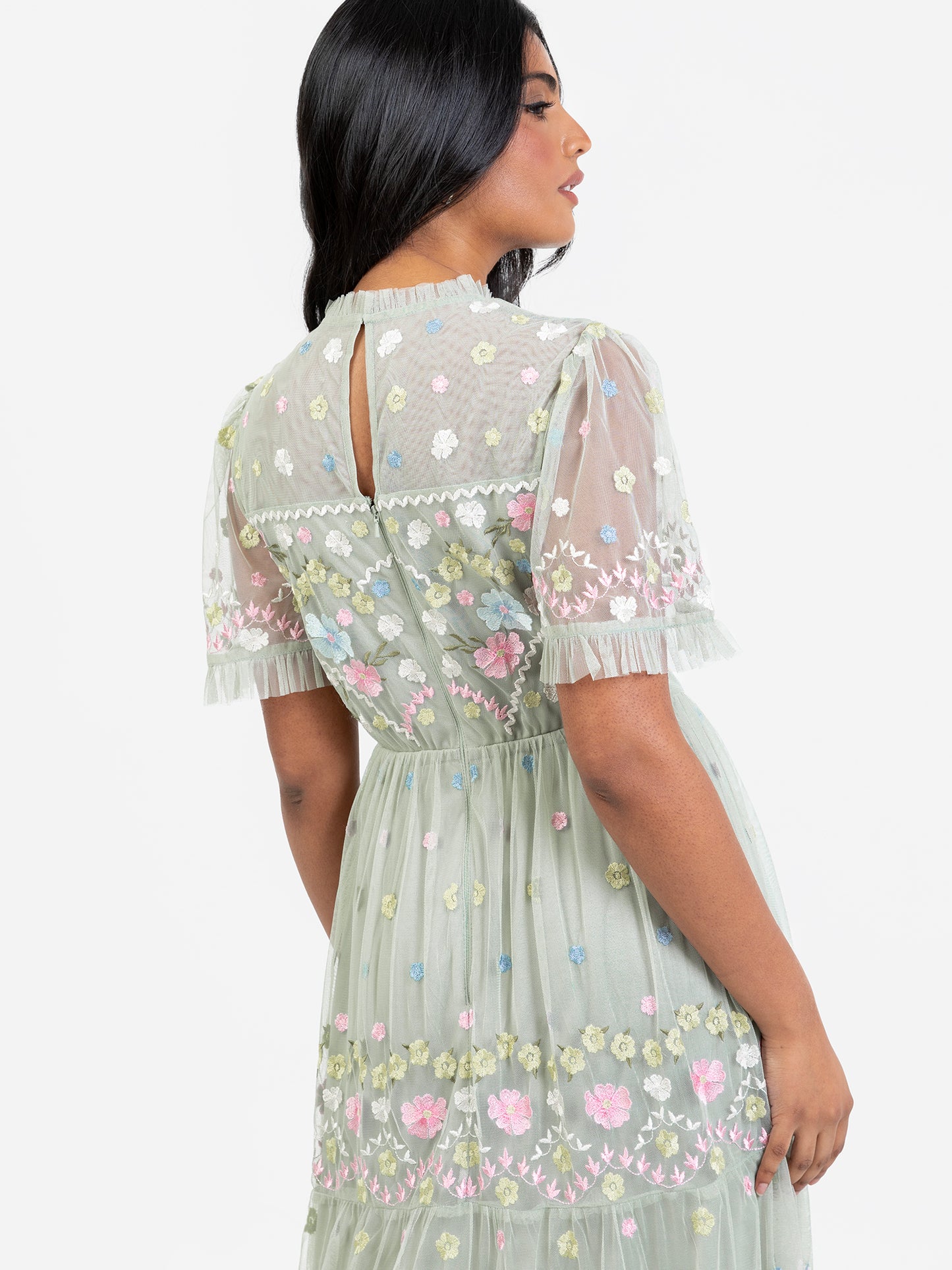 Maya Floral Embroidered High Neck & Short Sleeve Maxi Dress