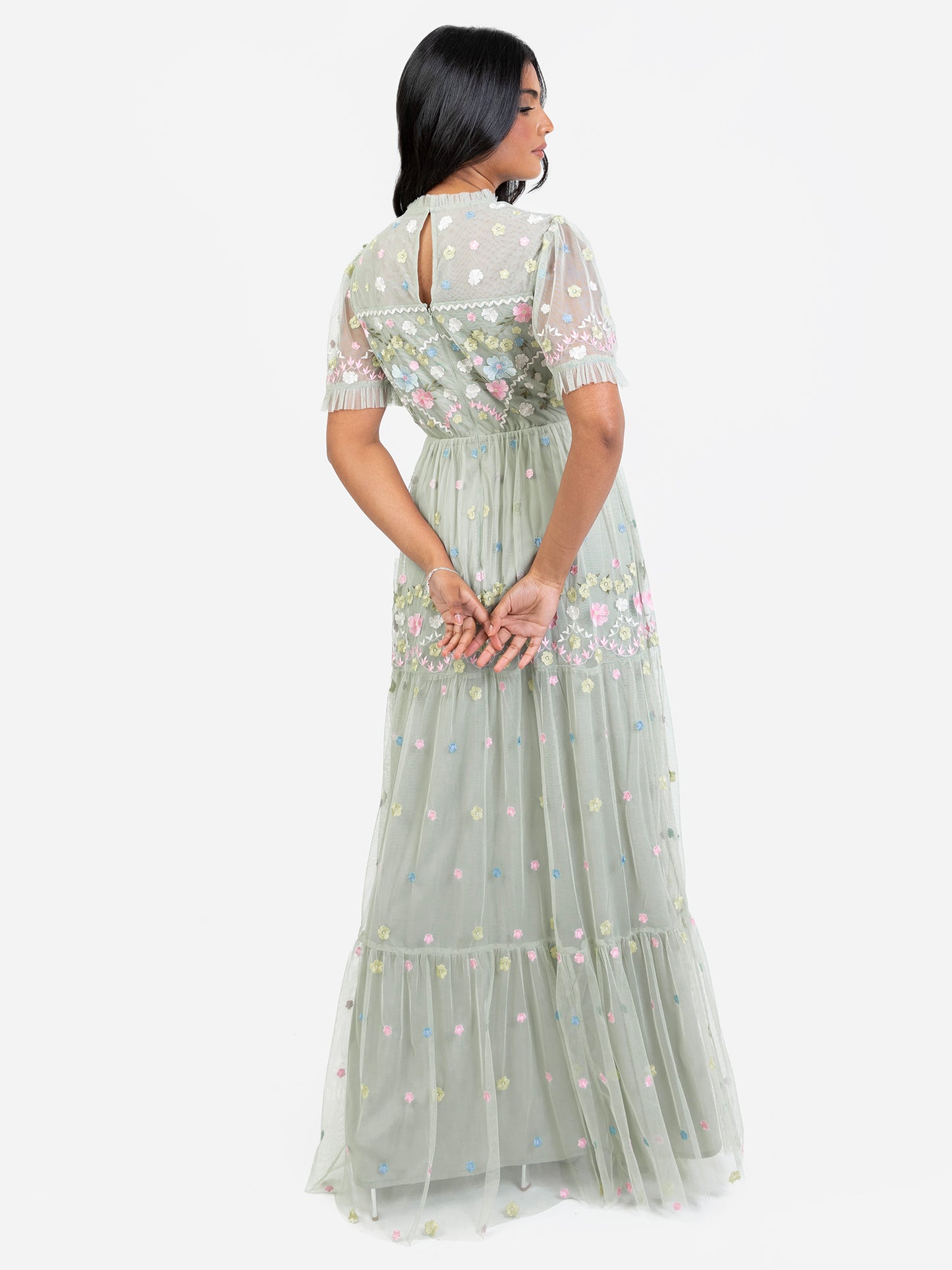 Maya Floral Embroidered High Neck & Short Sleeve Maxi Dress