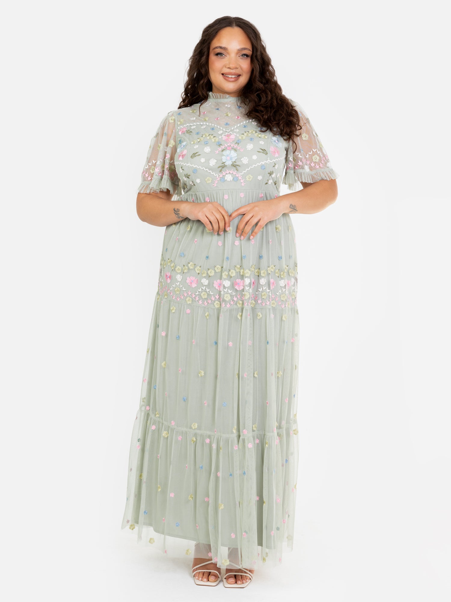 Maya Floral Embroidered High Neck & Short Sleeve Maxi Dress Maya Deluxe Maya Floral Embroidered High Neck & Short Sleeve Maxi Dress Maya Deluxe