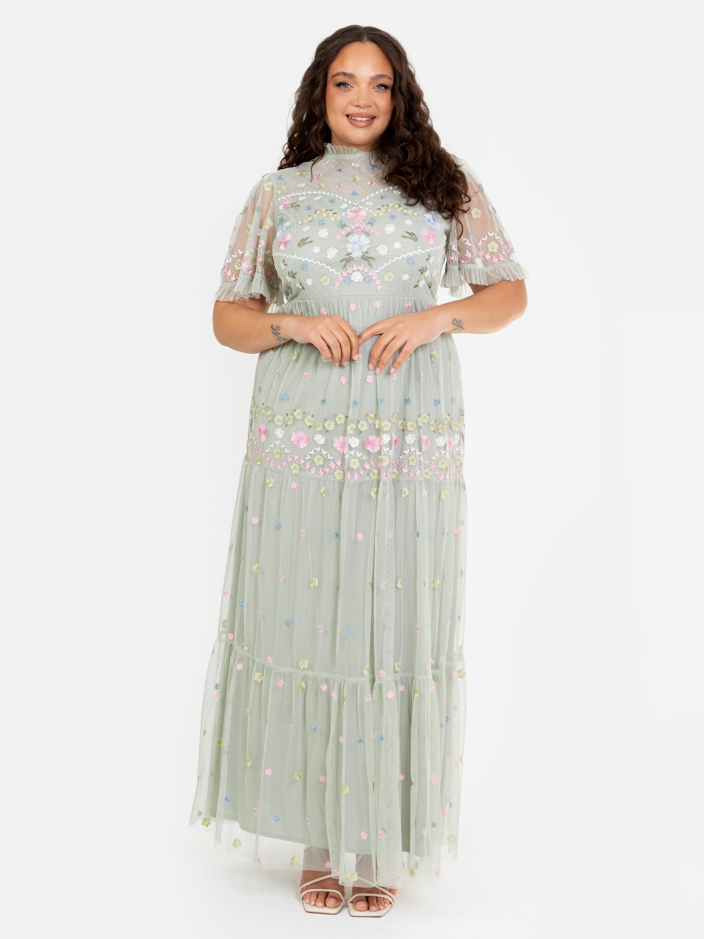 Maya Floral Embroidered High Neck & Short Sleeve Maxi Dress