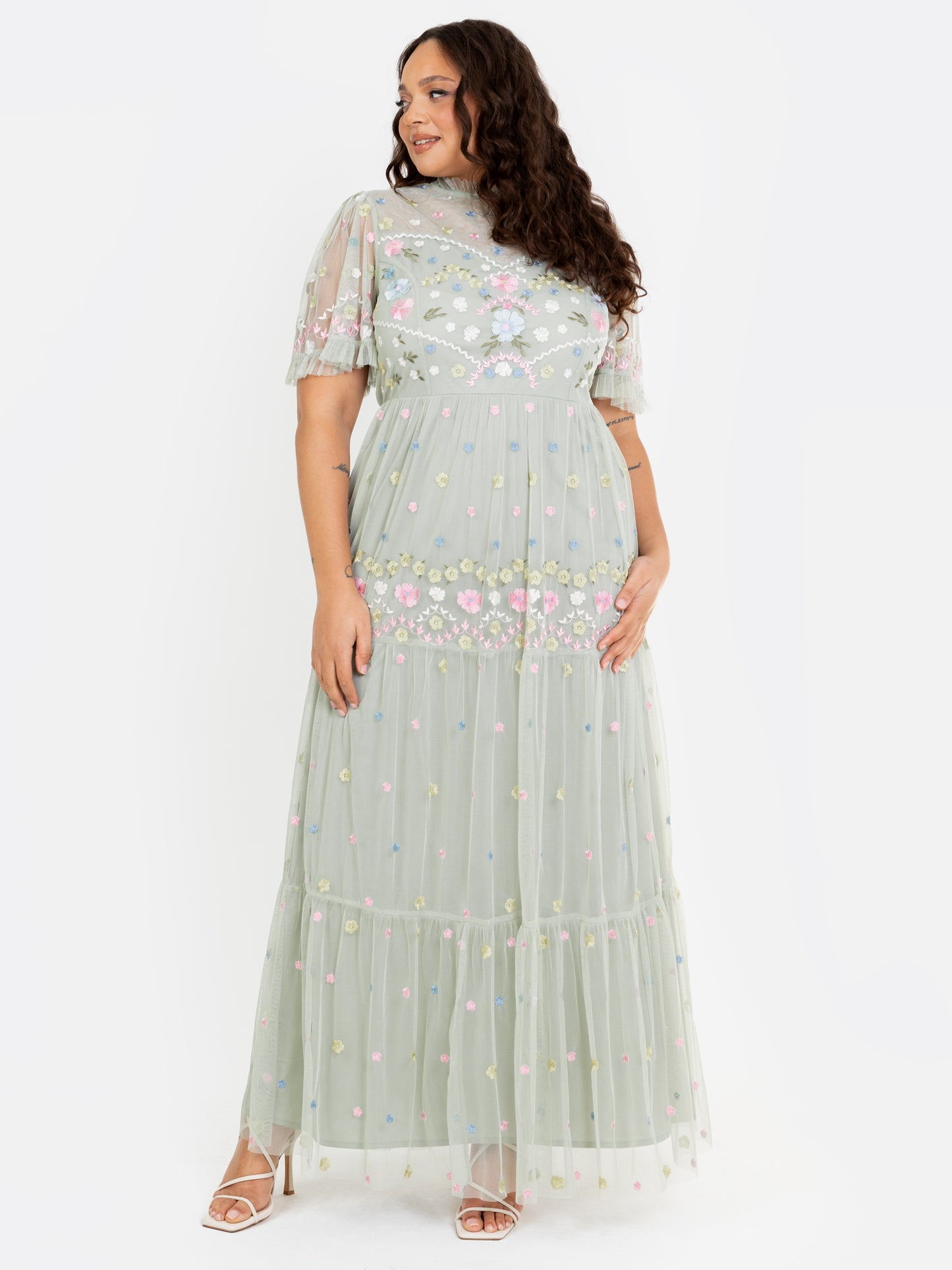 Maya Floral Embroidered High Neck & Short Sleeve Maxi Dress