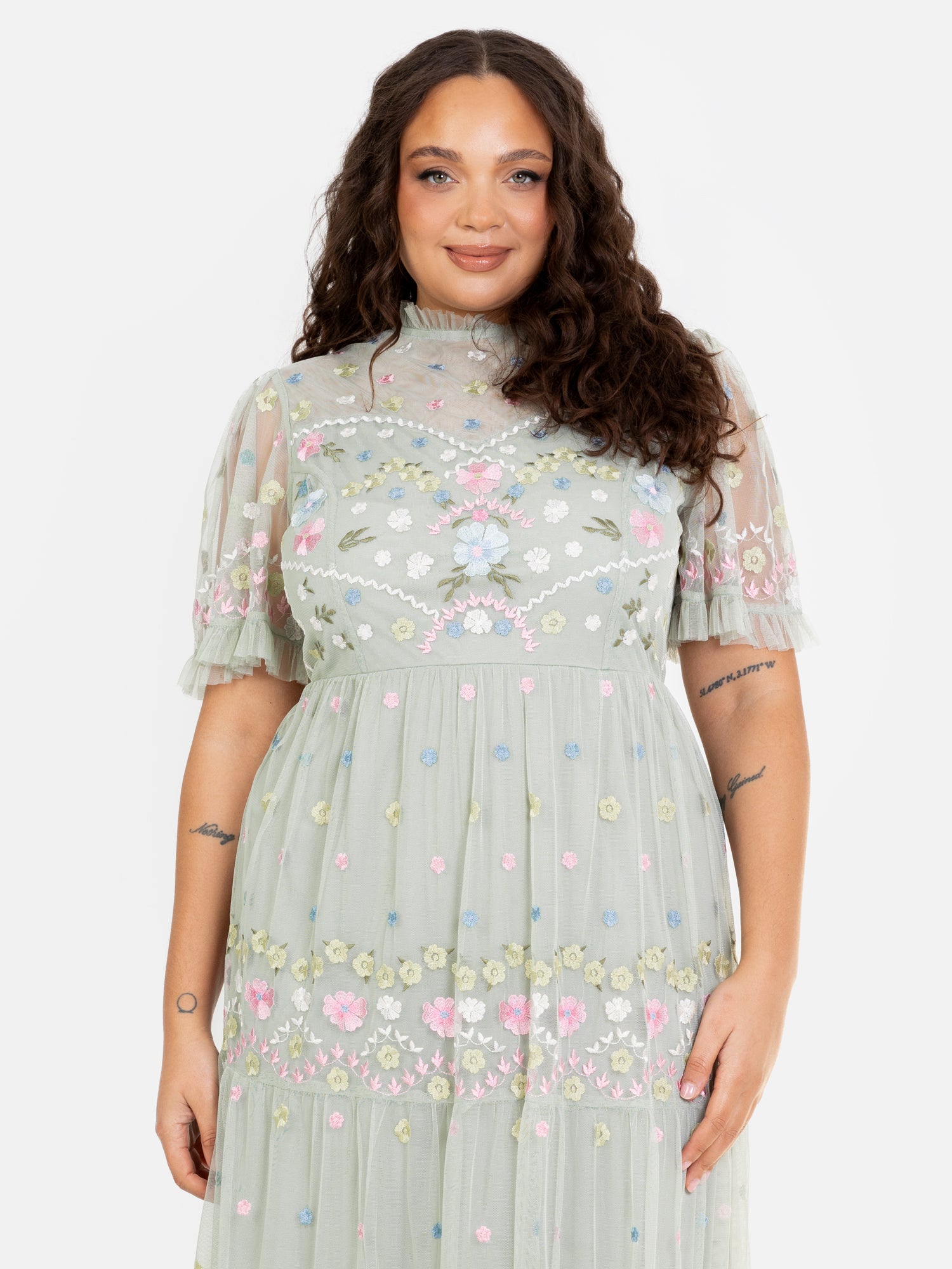 Maya Floral Embroidered High Neck & Short Sleeve Maxi Dress Maya Deluxe Maya Floral Embroidered High Neck & Short Sleeve Maxi Dress Maya Deluxe