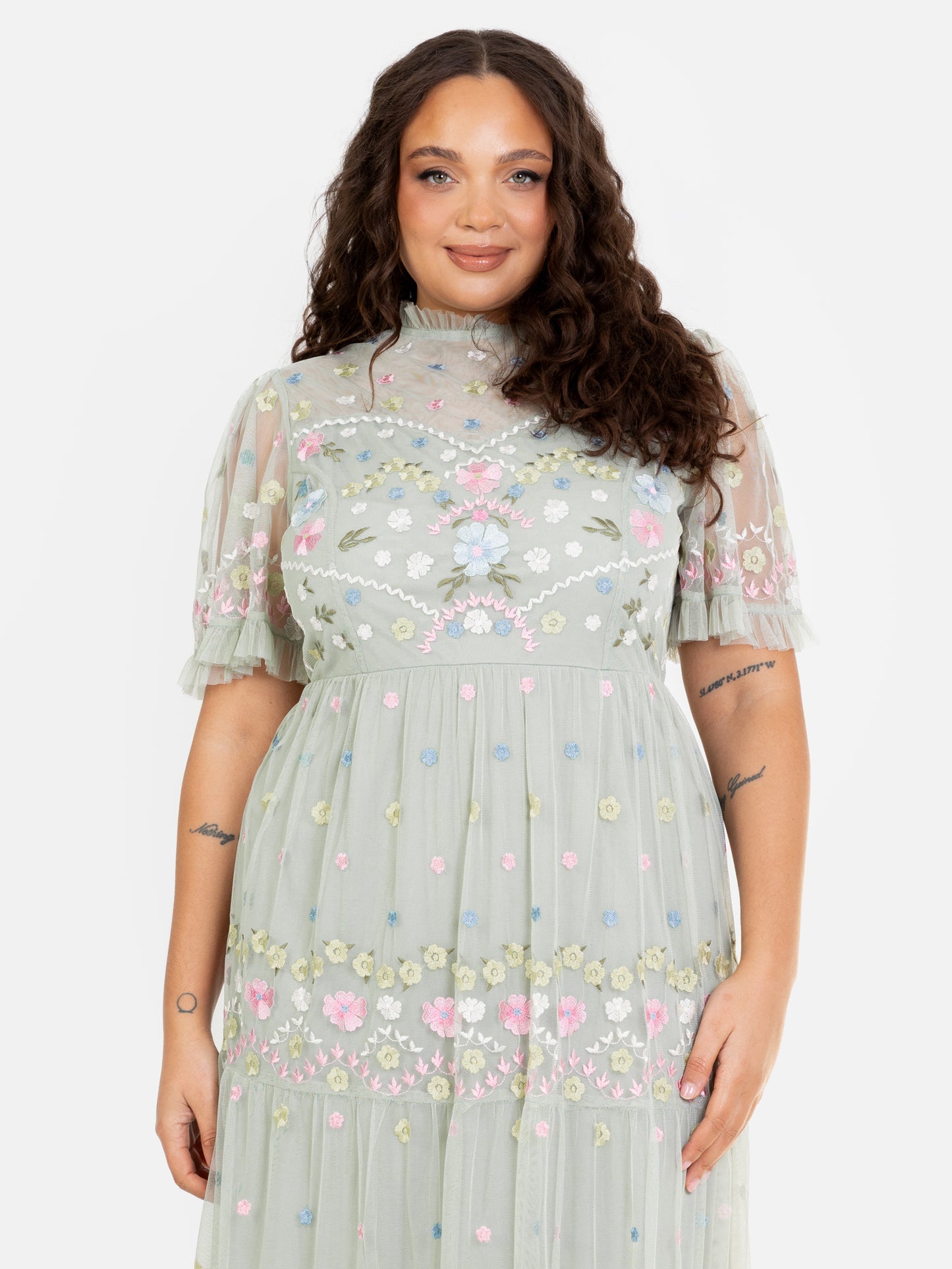 Maya Floral Embroidered High Neck & Short Sleeve Maxi Dress