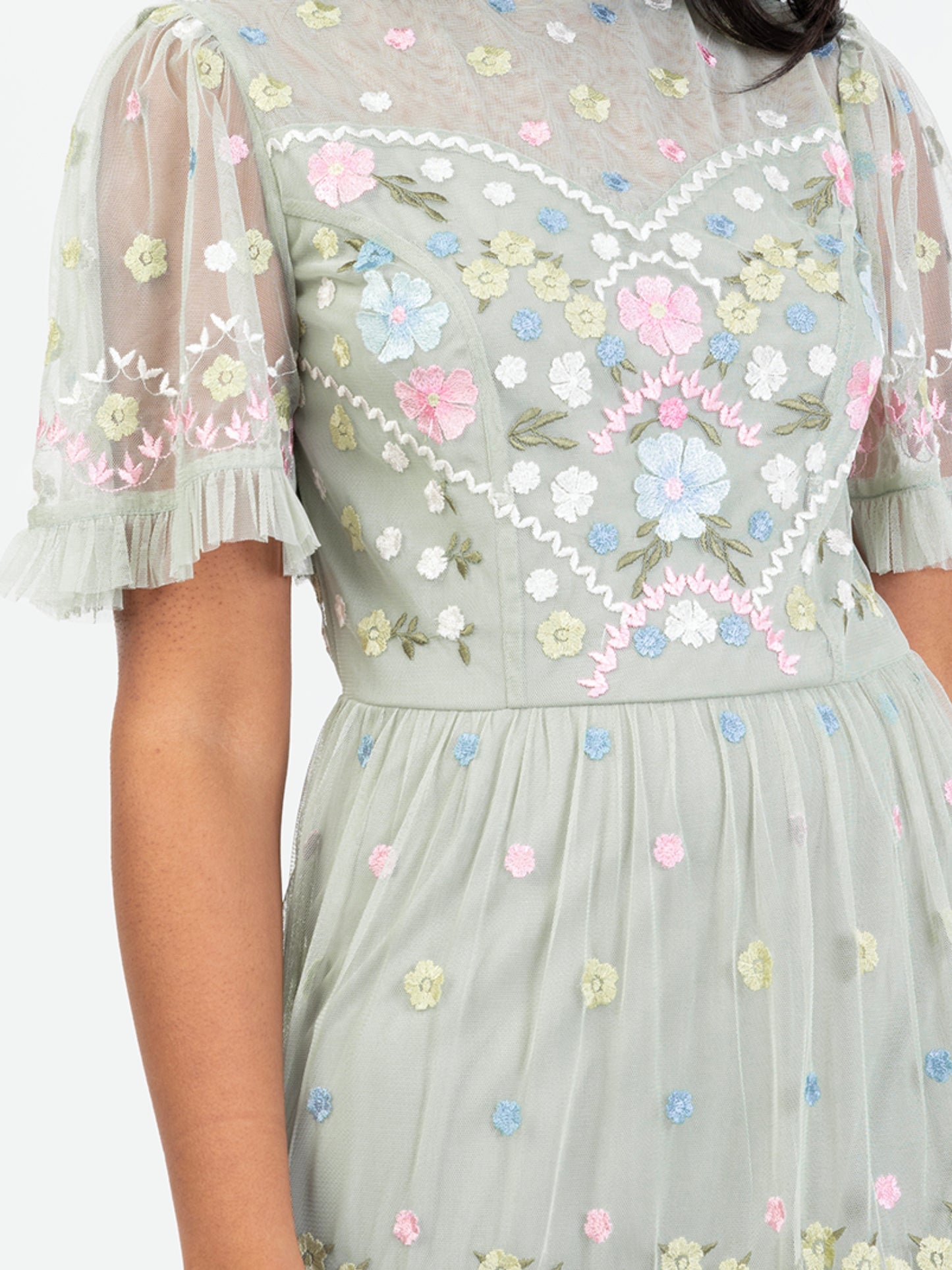 Maya Floral Embroidered High Neck & Short Sleeve Maxi Dress