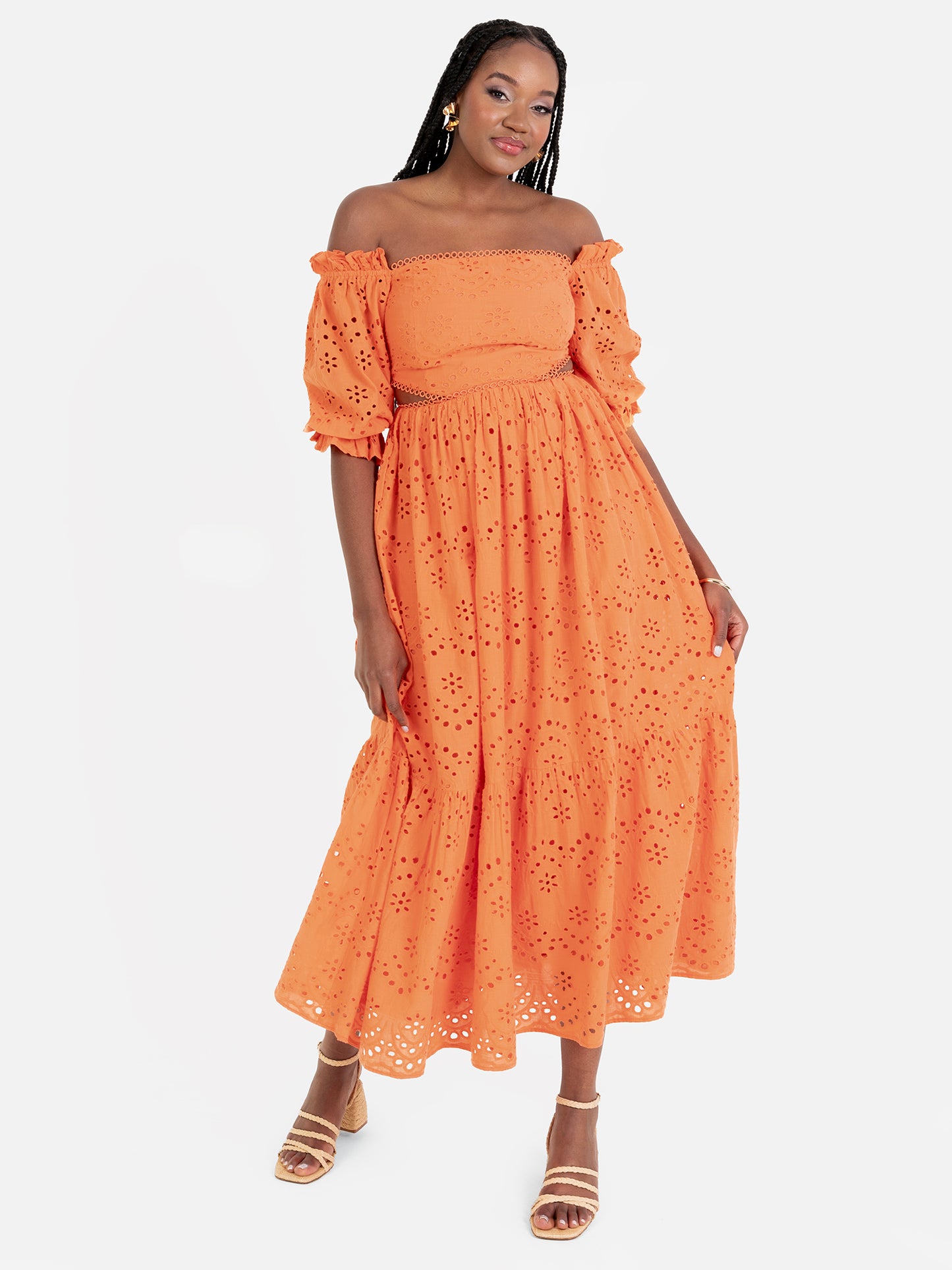 Maya Orange Broderie Cut Out Waist Midaxi Dress