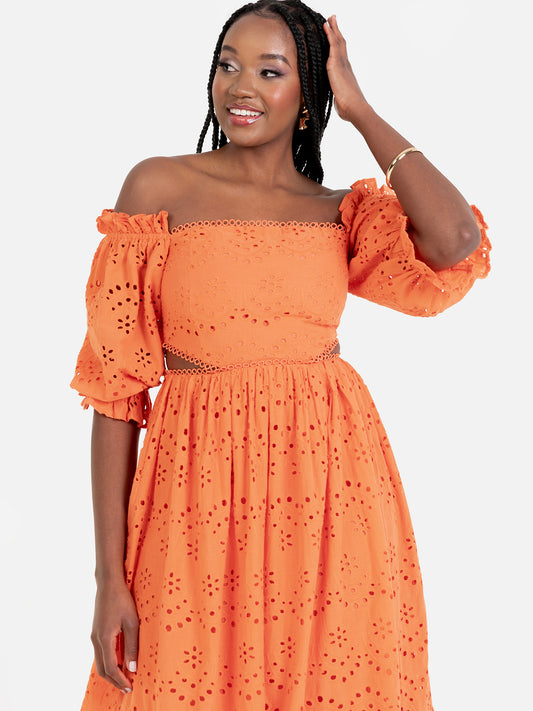 Maya Orange Broderie Cut Out Waist Midaxi Dress