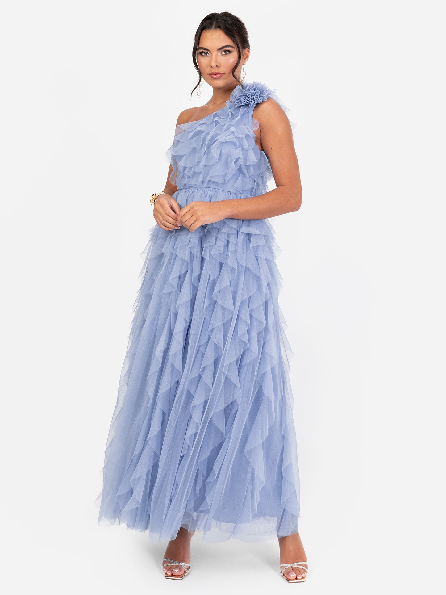 Anaya With Love Recycled Blue Waterfall One Shoulder Maxi Dress