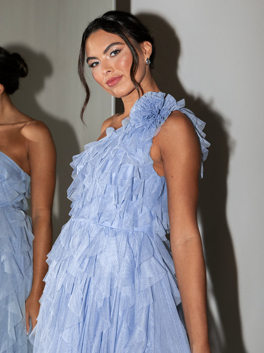 Anaya With Love Recycled Blue Waterfall One Shoulder Maxi Dress