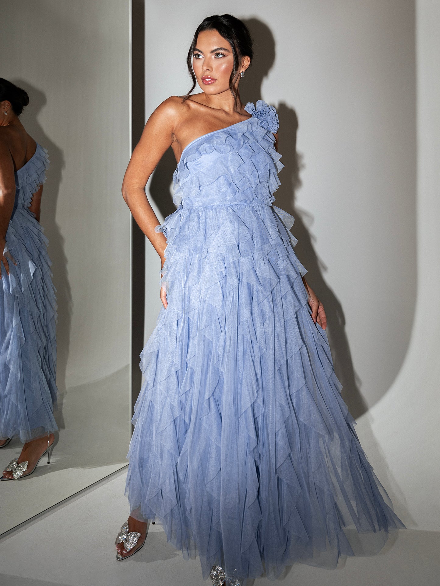 Anaya With Love Recycled Blue Waterfall One Shoulder Maxi Dress