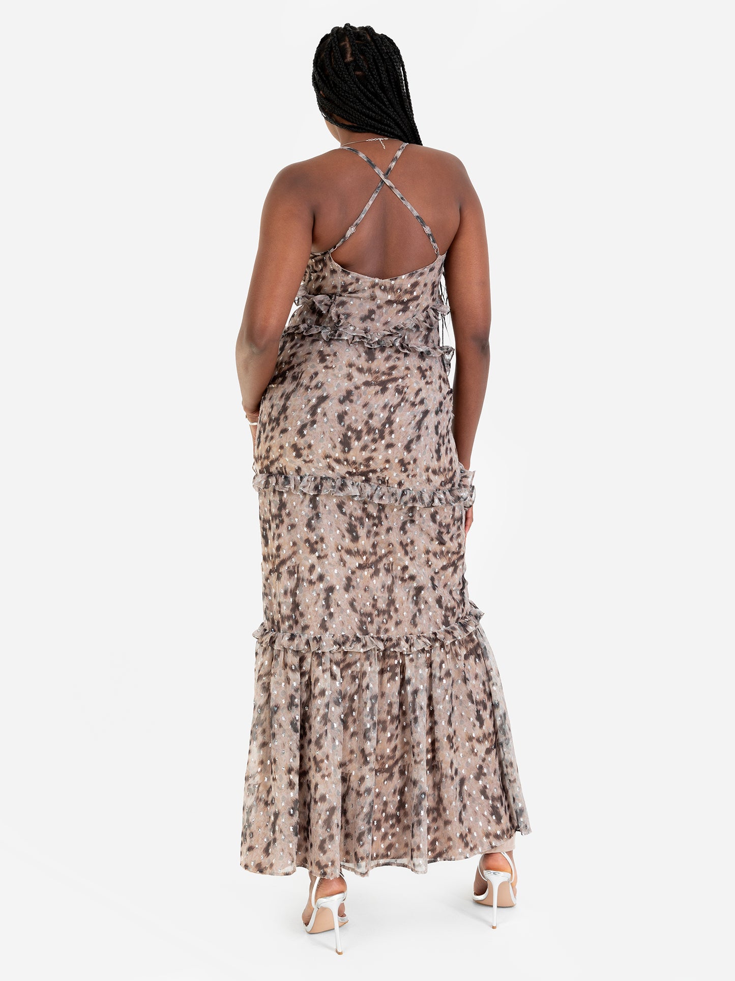 Anaya with Love Recycled Animal Print Strappy Cross Back Ruffled Maxi Dress