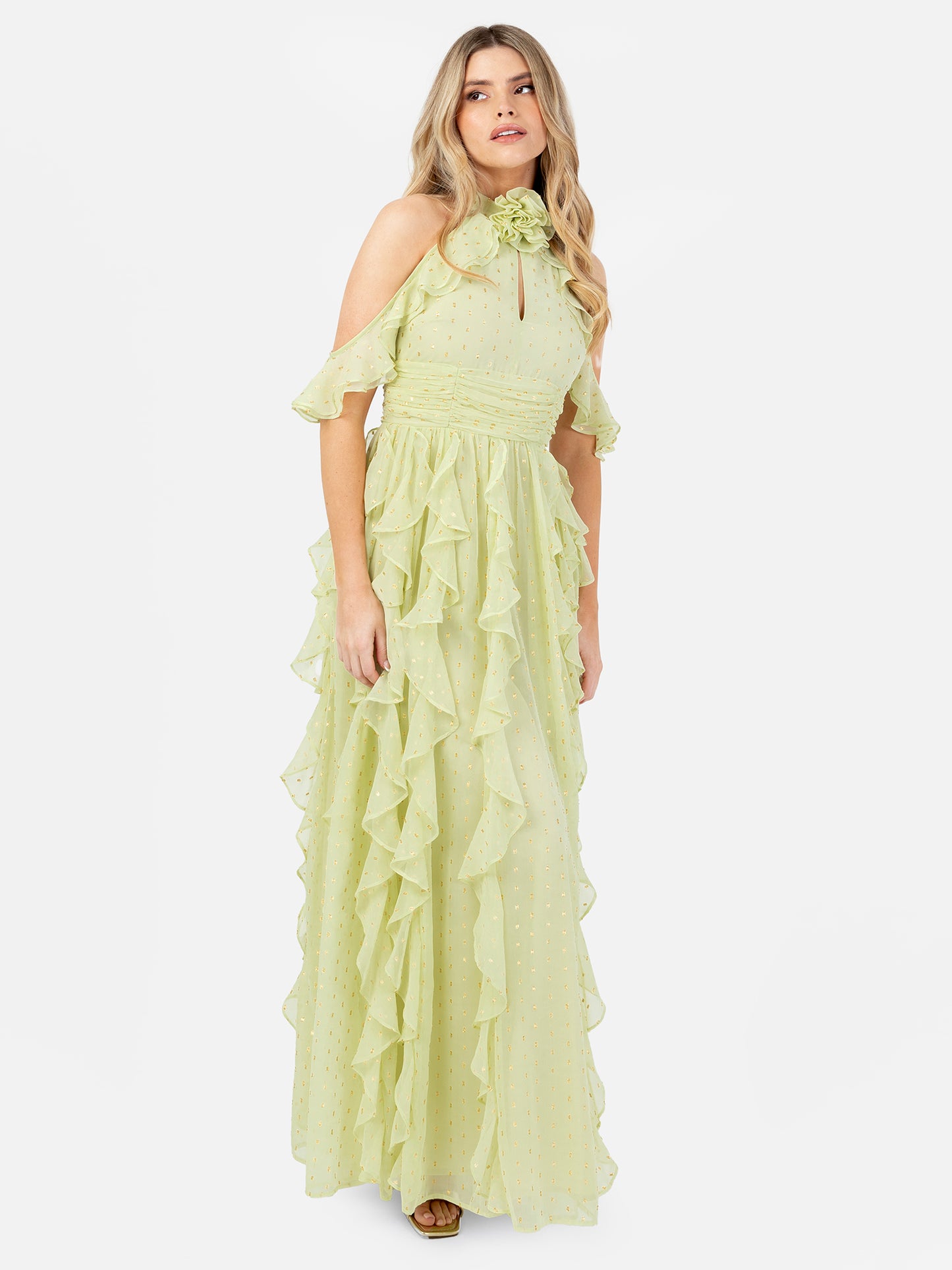 Anaya With Love Recycled Spring Green Cold Shoulder Waterfall Ruffle Maxi Dress