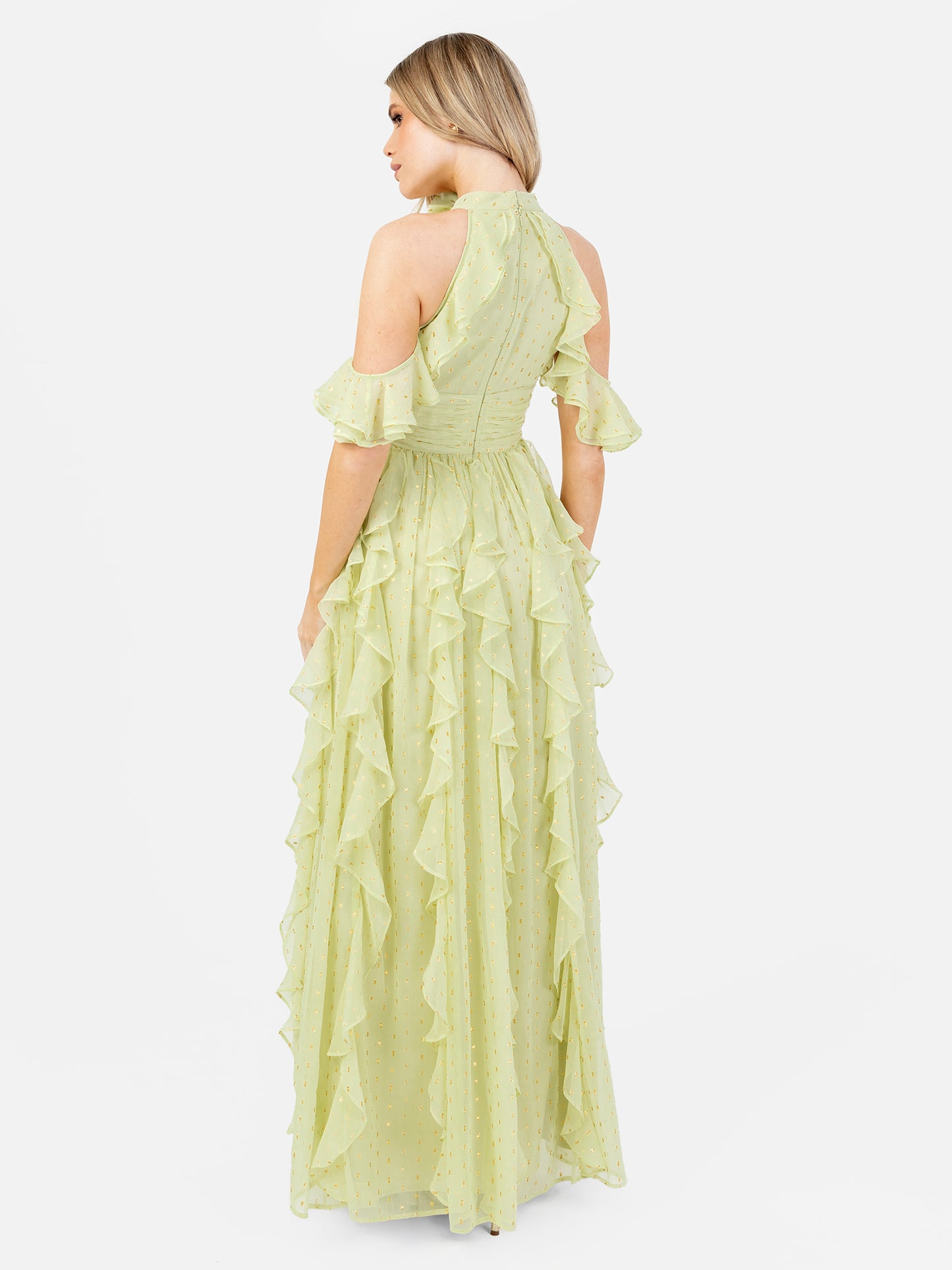 Anaya With Love Recycled Spring Green Cold Shoulder Waterfall Ruffle Maxi Dress
