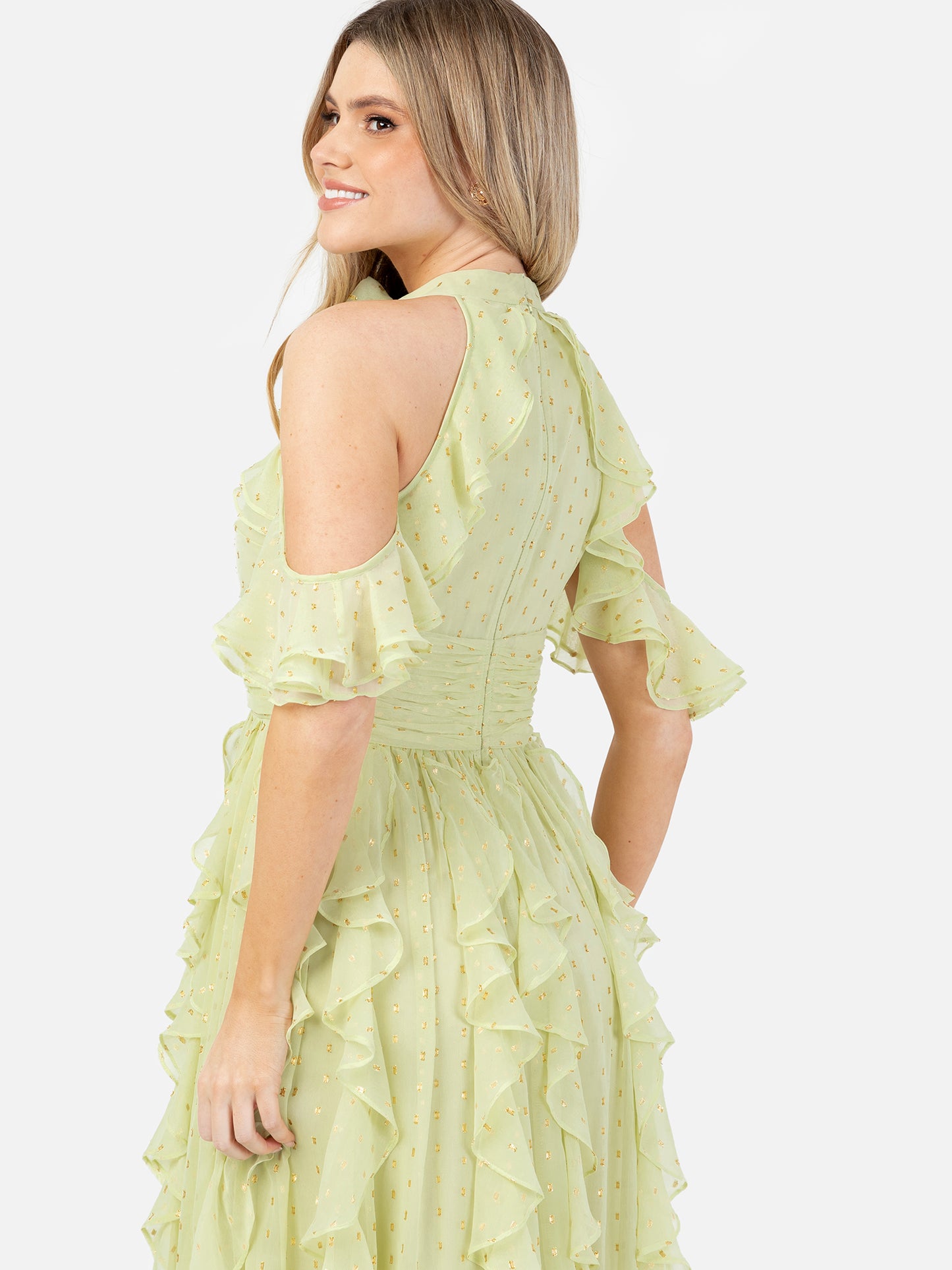Anaya With Love Recycled Spring Green Cold Shoulder Waterfall Ruffle Maxi Dress
