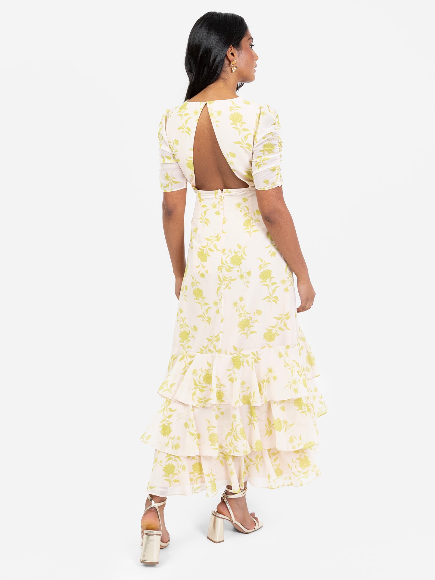 Anaya With Love Floral Short Ruched Sleeve & Keyhole Back High-Low Dress
