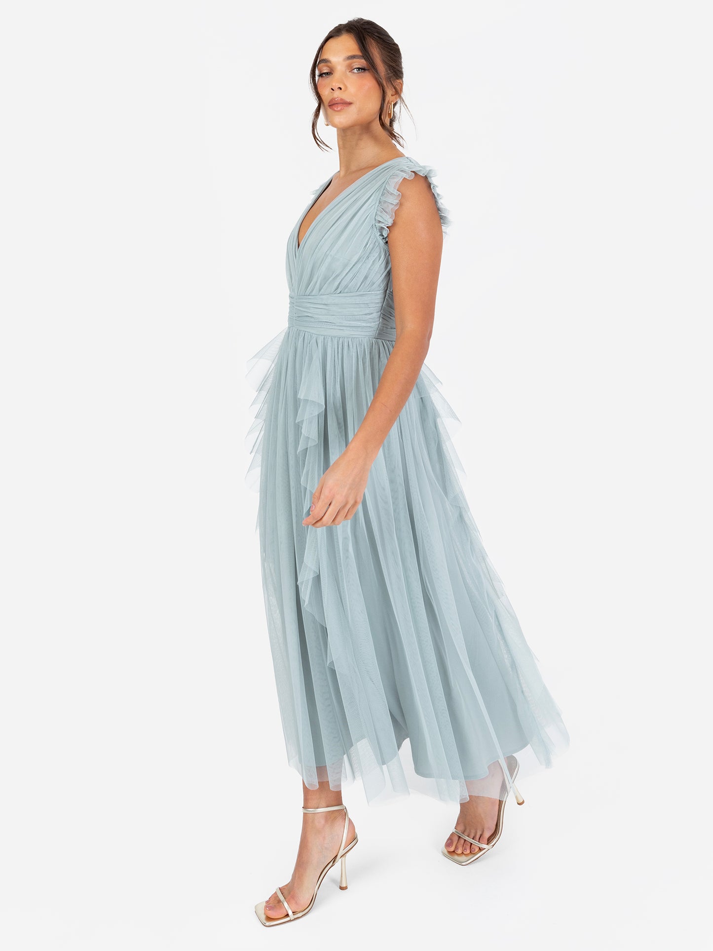 Anaya With Love Recycled Cloud Blue V Neck Midaxi Dress with Waterfall Ruffle Detail
